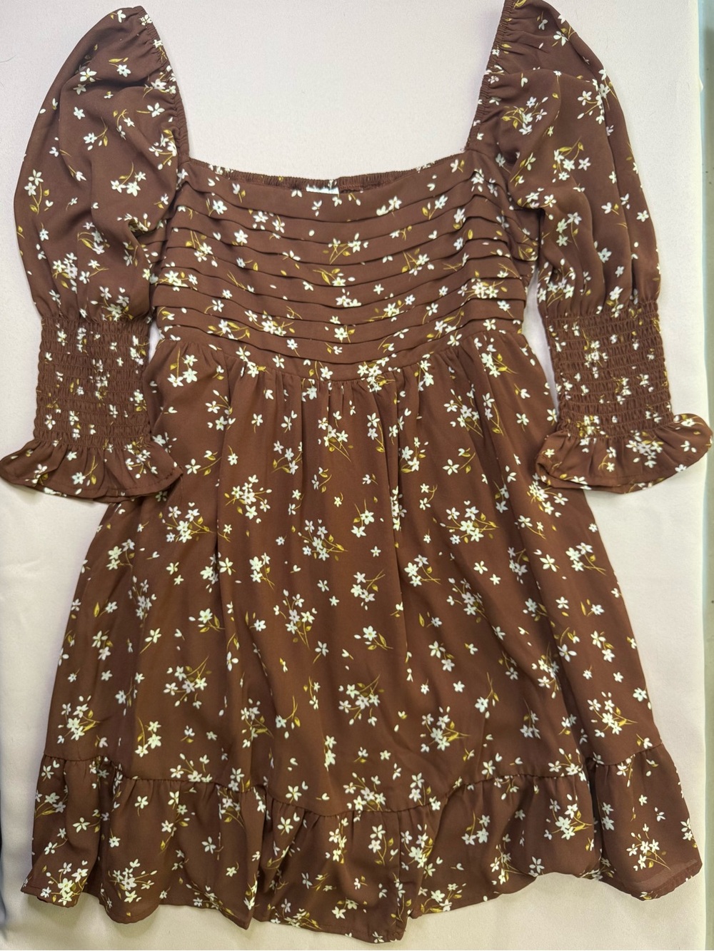 Blue Rain Anthropologie - Brown Floral Babydoll Puff Sleeve Mini-Dress - Size S